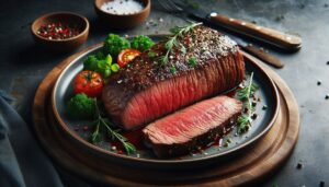 A perfectly cooked London Broil on a plate garnished with herbs