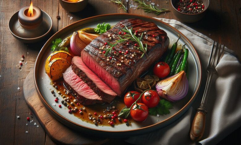 A perfectly cooked London Broil on a plate garnished with herbs